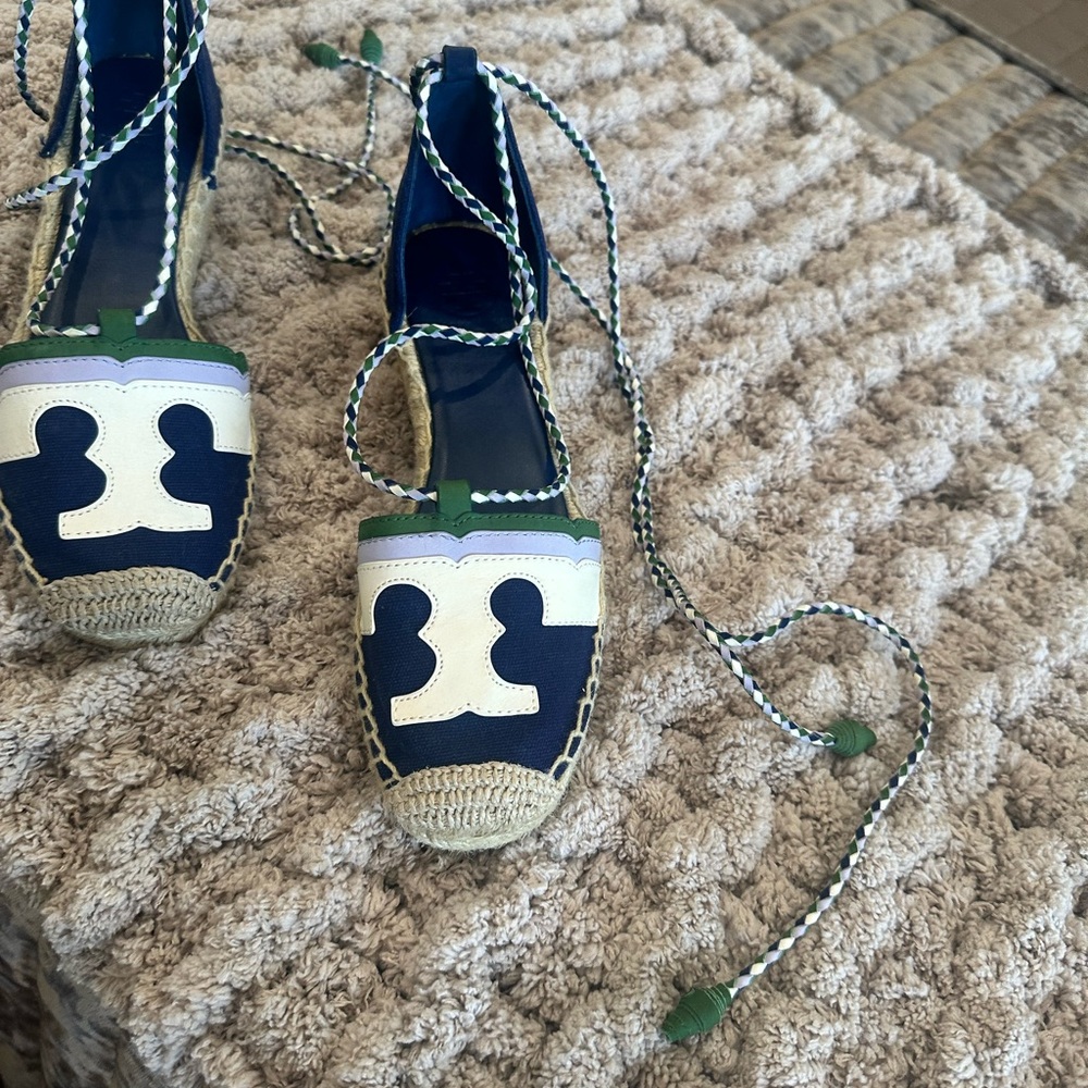 Tory Burch Blue and Green Espadrille Shoes ties/wraps up the legs